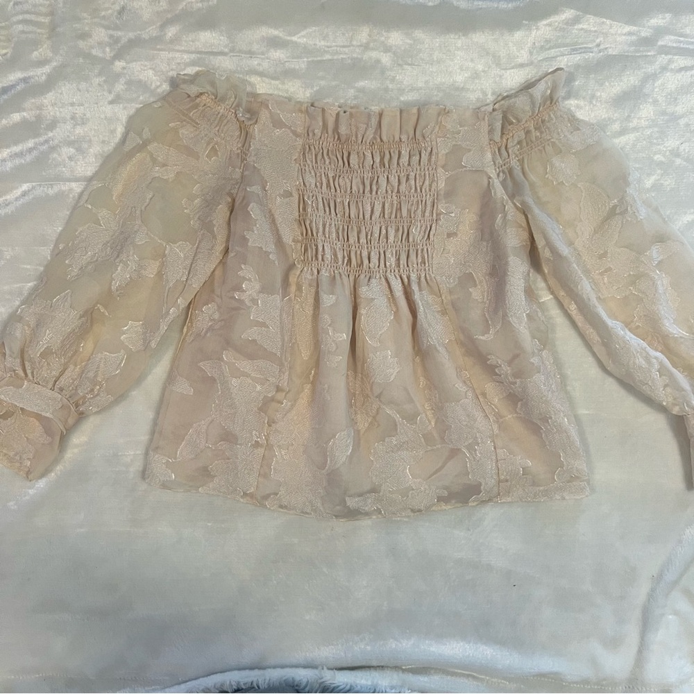 Rebecca Taylor Silk Blend Long Sleeve Off Shldr Floral Tie Wrist Blouse Sz M EUC